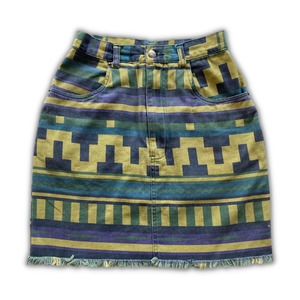 Vintage Extra Blues Women Denim Style Aztec All Over Print Skirt w/ Fringe Sz 7
